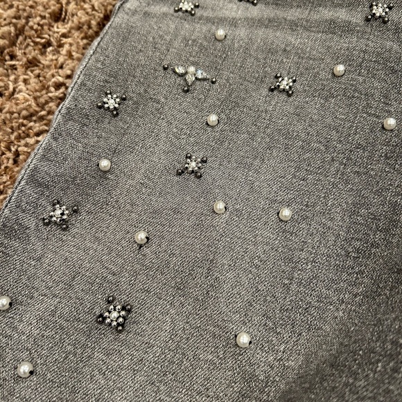 Express High Waisted Ripped Pearl Embellishment Modern Straight Jeans - Picture 12 of 16